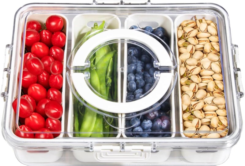 علبة وجبات خفيفة MEEYUU مع أقسام فردية، صينية وجبات خفيفة بغطاء ومقبض، علبة بأربعة أقسام قابلة للإزالة، علب وجبات خفيفة قابلة لإعادة الاستخدام للتوابل والحلوى والفواكه والمكسرات ورقائق البطاطس والصلصات